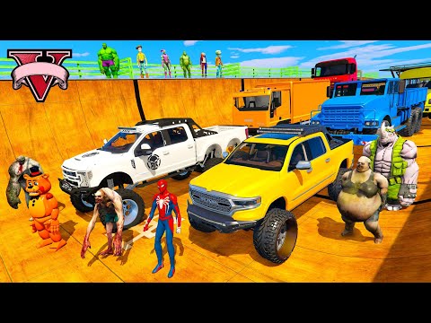 Spiderman & Super Heroes Race In Mega Ramps By Mack Trucks & Sea Bikes Super Cars