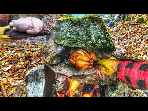 Bushcraft Cooking in Primitive Rock Oven - ASMR