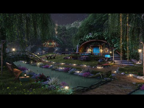 Hobbit Village Ambience&#127769;Night Time In The Shire, Calming Nature Sounds, Occasional Rain, Wind Chimes