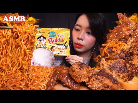 ASMR Cheese FIRE NOODLES & Super SPICY Fried Chicken Wings 🔥 | Eating Sounds