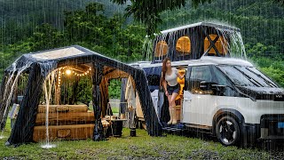 Perfect rain camping setup☔Sleep in electric car & relax in the air tent shelter