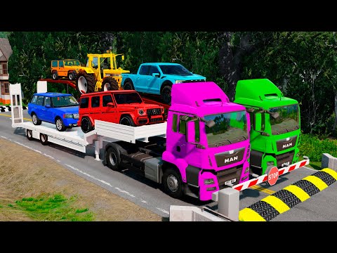 Double Flatbed Trailer Truck vs Speedbumps vs Train vs Cars | Tractor vs Train Beamng.Drive #009