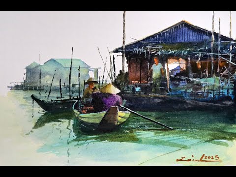 Watercolour painting tutorial : Cabin on the water