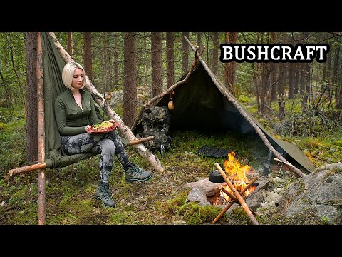 Solo Bushcraft - Swedish meatballs - Bushcraft Chair - Canvas lavvu shelter - ASMR