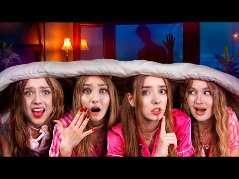 Quadruplets Went to Girly Sleepover! Overnight in the Most Haunted Mansion!