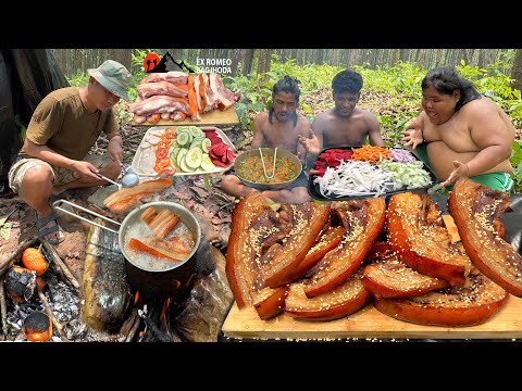 Crispy Pork Belly & Ribs Deep Fried in Open Fire Outdoor Cooking at jungle Wildness Cooking & Eating
