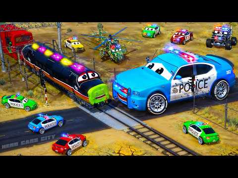 Train Crossing Mayhem! Giant Police Car Trapped 🚓 | Police Car Chase | Hero Cars Showdown!