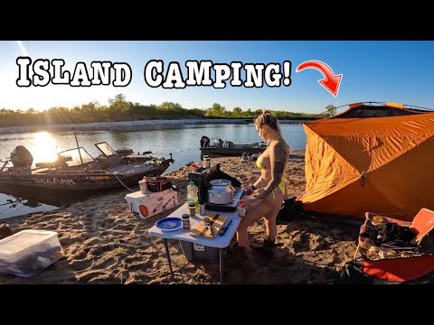 River Camping in the Middle of Nowhere on an ISLAND searching for Big Fish!!! (Camp & Cook!!)