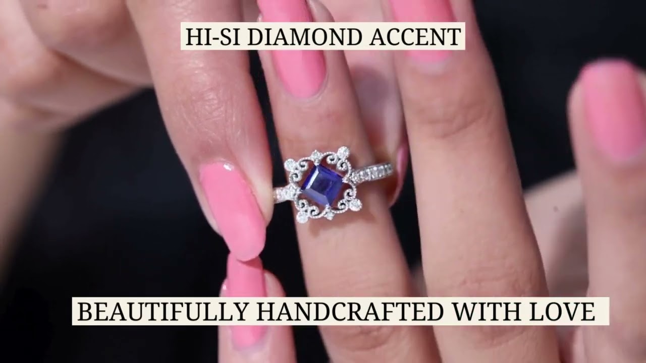 Antique Style Princess Cut Created Blue Sapphire and Diamond Engagement Ring