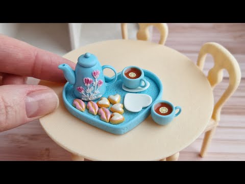 Miniature tea set🩵💗🩵Polymer clay