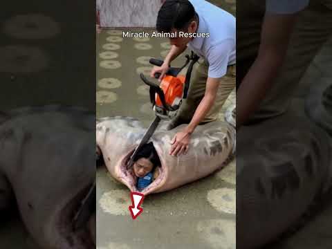 Woman being pulled out of an anaconda's belly