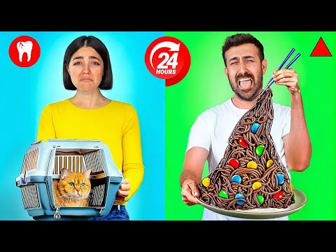 وسط ویدیو دندون گربم شکست 🥲 چالش ۲۴ ساعت غذای یک شکل
