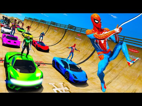Homem Aranha e Heróis com Carros Jet Ski Aeronave New Challenge GTA V and music SPIDER-MAN mod