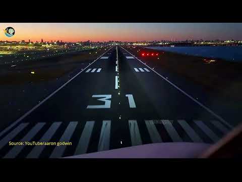 Incredible Sunset Landing Airbus A320neo at KLGA Flight Deck View Runway 31