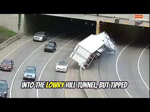 Semi Truck Tips in Tunnel, Slices Roof Off Trailer