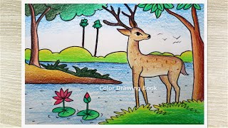 How to draw a alone deer in forest, , Easy Scenery Drawing for Beginners