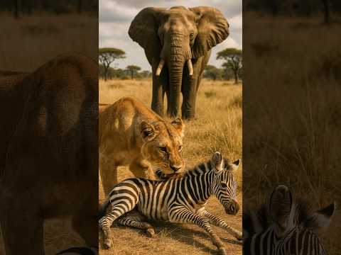 코끼리가 사자에게서 새끼 얼룩말을 구하다. Elephant Saves Zebra Foal from Lion’s Attack. ゾウがライオンからシマウマの子を救う