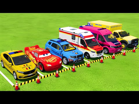 TRANSPORTING ALL POLICE CARS & AMBULANCE EMERGENCY VEHICLES WITH TRUCKS ! Farming Simulator 22