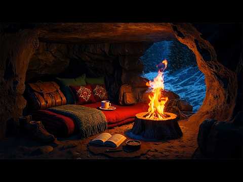 Relaxing Winter Cave — Bonfire and Windy Ambience for Sleeping