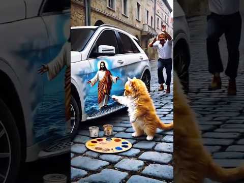 The Little Kitten 😸 Who Can't Stop Painting Jesus #jesus #kitten #painting #france #paris #talent