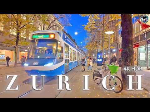 ZURICH SWITZERLAND 🇨🇭 Evening Walking tour Bahnhofstrasse from Main Station to Lake front 4K