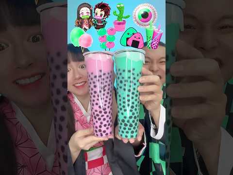 Random Pink Green Food Mukbang ASMR 🥵bubble tea boba#asmr #mukbang #shorts #demonslayer