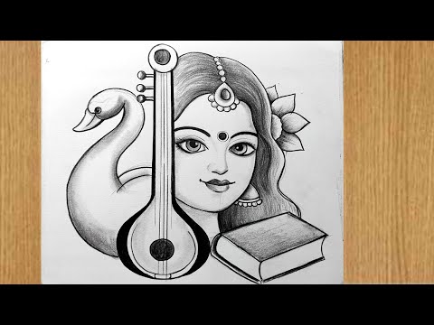 how to draw saraswati devi,maa saraswati half face with bina drawing easy,saraswati maa drawing,