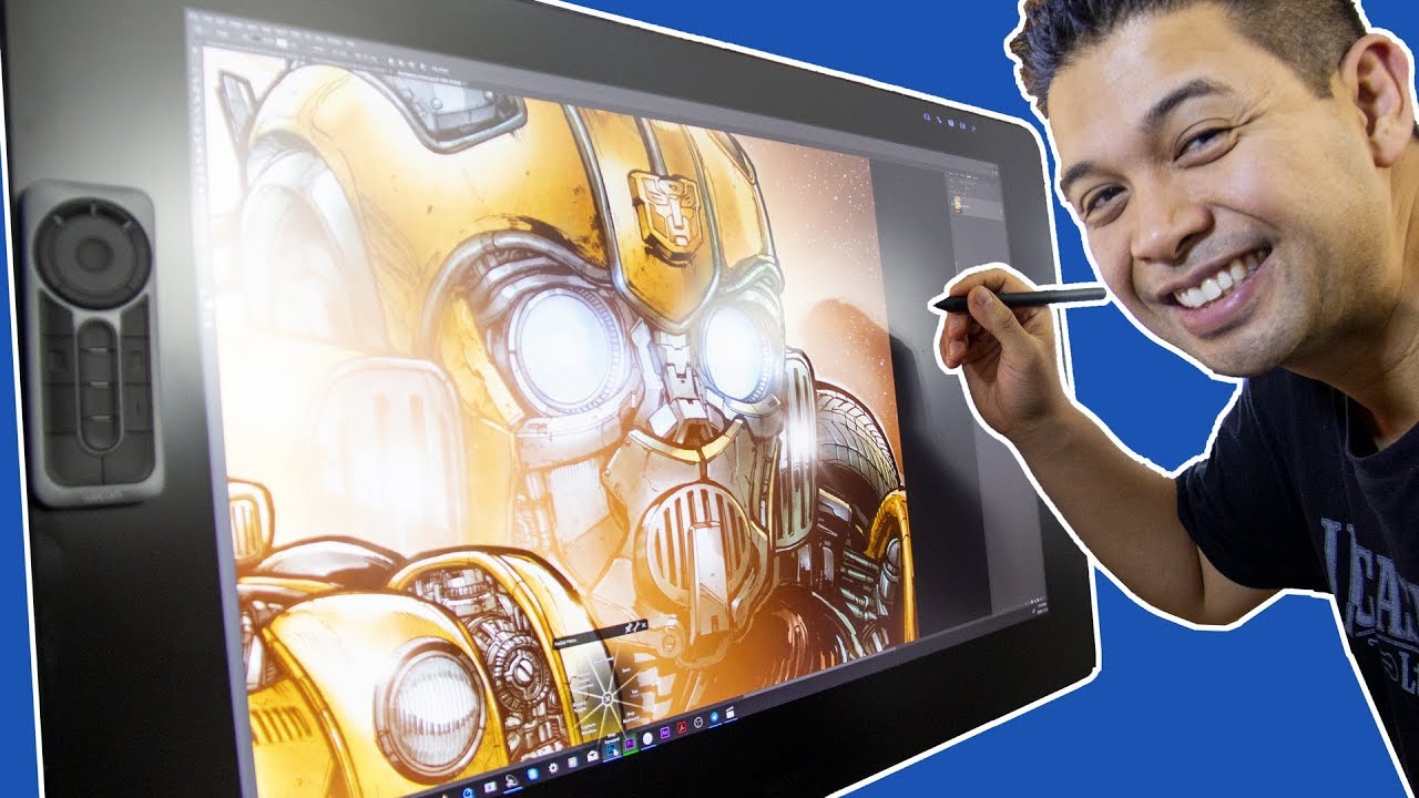 Bumblebee movie poster in full color, unboxing a wacom cintiq pro 32 and a rossdraws parody!