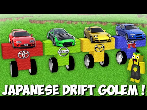 What if I SPAWN THE JAPANESE DRIFT CARS GOLEM in Minecraft ! VEHICLE GOLEM !