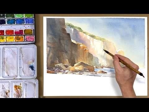 Watercolor Painting of Cliffs and Ocean