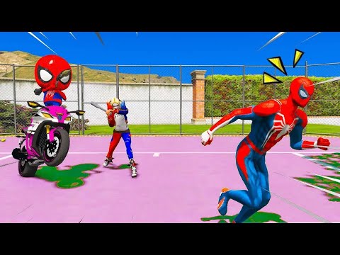 BEBÊ HOMEM ARANHA E ARLEQUINA ROUBA MOTO DO PAI NO GTA 5 AÇÃO E PERSEGUIÇÃO EM ALTA VELOCIDADE