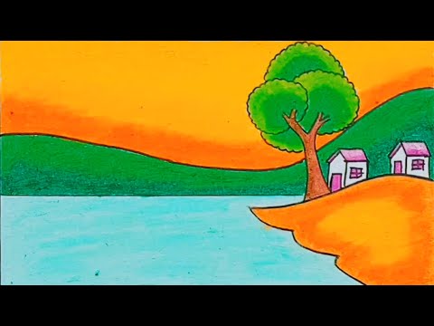 Scenery Drawing | How To Draw Easy Sunset Scenery in The Lake With Oil Pastels