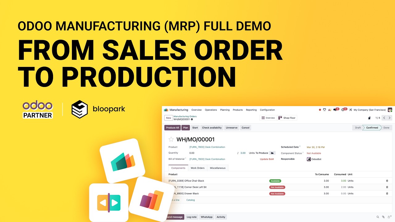 Odoo Manufacturing (MRP) Full Demo | From Sales Order to Production | 30.03.2026

See how a small manufacturing company uses Odoo to go from a single sales order to a fully coordinated production run — with ...