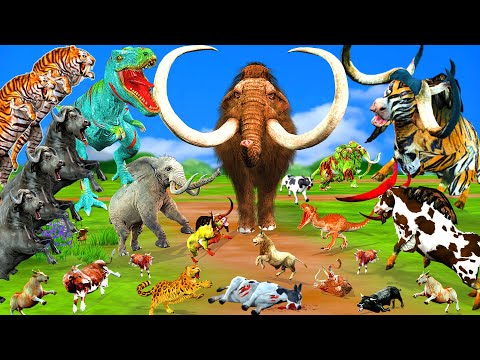 Mammoth Elephant vs Giant Dinosaur Prehistoric Animal Epic Battle Cow Bull Saved By Mammoth vs Tiger