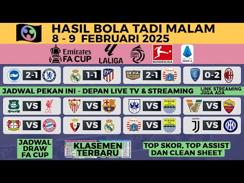 HASIL BOLA TADI MALAM 9 FEBRUARI 2025 - FA CUP CHELSEA, LIGA 1 BRI, LALIGA MADRID, SERIE A ITALIA