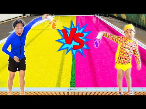 Boram y Ddochi juegan Rosa vs Amarillo en la piscina 💖💛