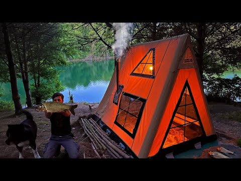 3 DAYS solo survival CAMPING; CATCH and COOK, FISHING - BUSHCRAFT Tent Shelter - Primitive Cooking