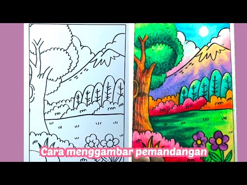 Cara menggambar mewarnai pemandangan mudah How to draw easy mountain scenery