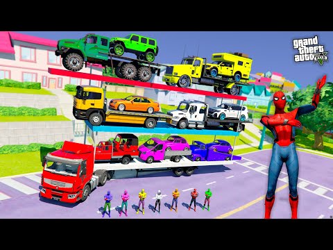 Colored Spiderman & Super Heroes  Loading Super CArs & Big Trucks  Into A Giant Trailer