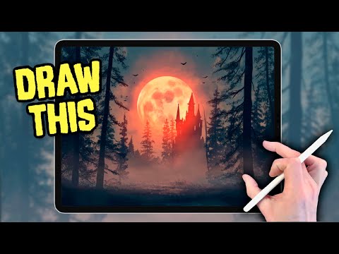 PROCREATE Spooky Blood Moon landscape DRAWING Tutorial in EASY steps