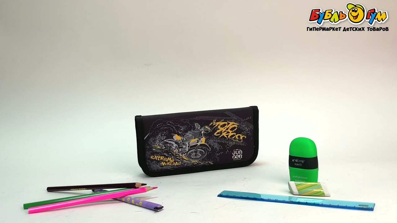 Пенал JUNGER Moto cross с рисунком мотоциклист черный один отдел  - видео Пенал JUNGER Moto cross с рисунком мотоциклист черный один отдел  - видео