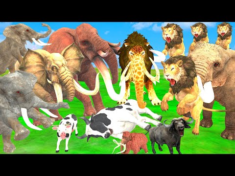 15 Mammoth Elephant Cow vs 5 Giant Lion Zombie Fight Cow Buffalo Elephant Saved By Woolly Mammoth