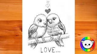 How to draw birds in love - Pencil drawing step by step