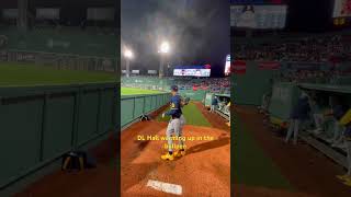 DL Hall warming up in the bullpen#brewers#redsox#boston#brewcrew#sidelinefans#bullpen#pitcher#mound