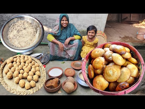 গ্রামের বাড়ির উঠোনে পিঠা তৈরি নারকেল নাড়ু মাল পোয়া তেল পিঠা গুড় দিয়ে ভাজা চালের ছাতু Pitha Recpie