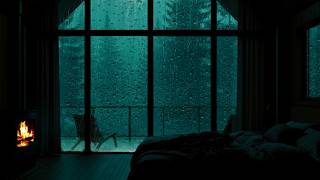 Dark Cabin Bedroom • Fireplace and Rain on Window for Deep Rest