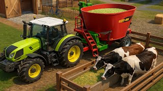 How Cows Are Fed on the Farm | Green and Red Tractor in Action - From Hay to Feed