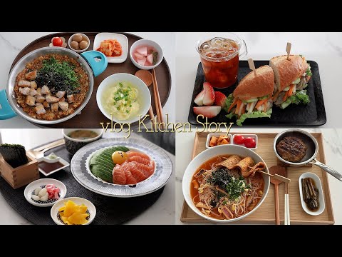 3탄⏰10분컷🥑쉽고 맛있는 4가지 점심메뉴🥘미나리항정살볶음밥🍜김치오징어국수🍛연어아보카도덮밥🥖불고기샌드위치