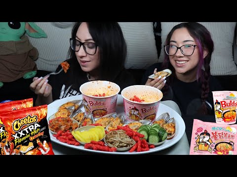 SPICY RAMEN AND GREEN LIP MUSSELS MUKBANG | FLAMIN HOT CHEETOS