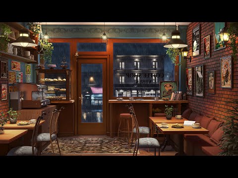 4K Rainy Cozy Coffee Shop with Smooth Jazz Music Playlist for Relaxing, Studying and Working